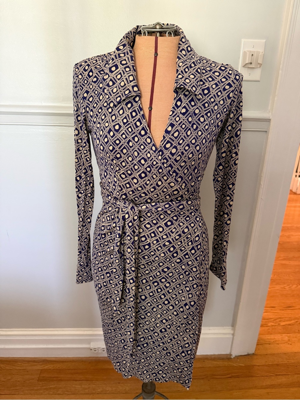 Diane Von Furstenberg Navy and Cream Geometric Wrap Dress - Long Sleeve